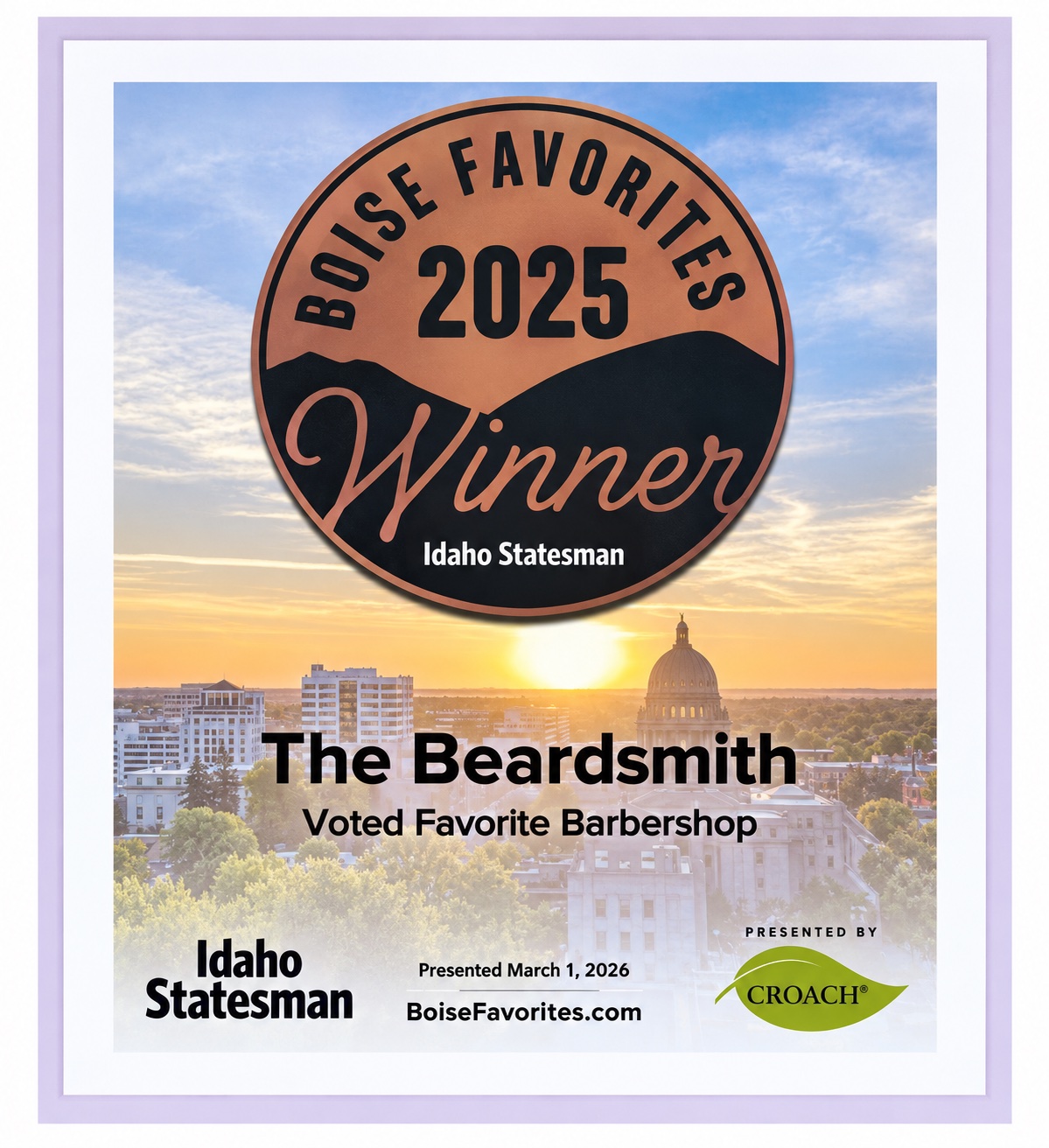 2025 Boise Favorites certificate: Favorite Barbershop, Winner, The Beardsmith