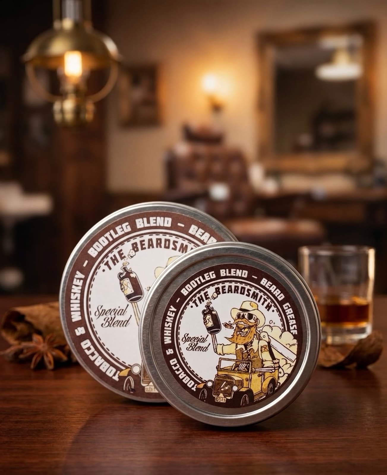 The Beardsmith beard grease tins on a wooden counter