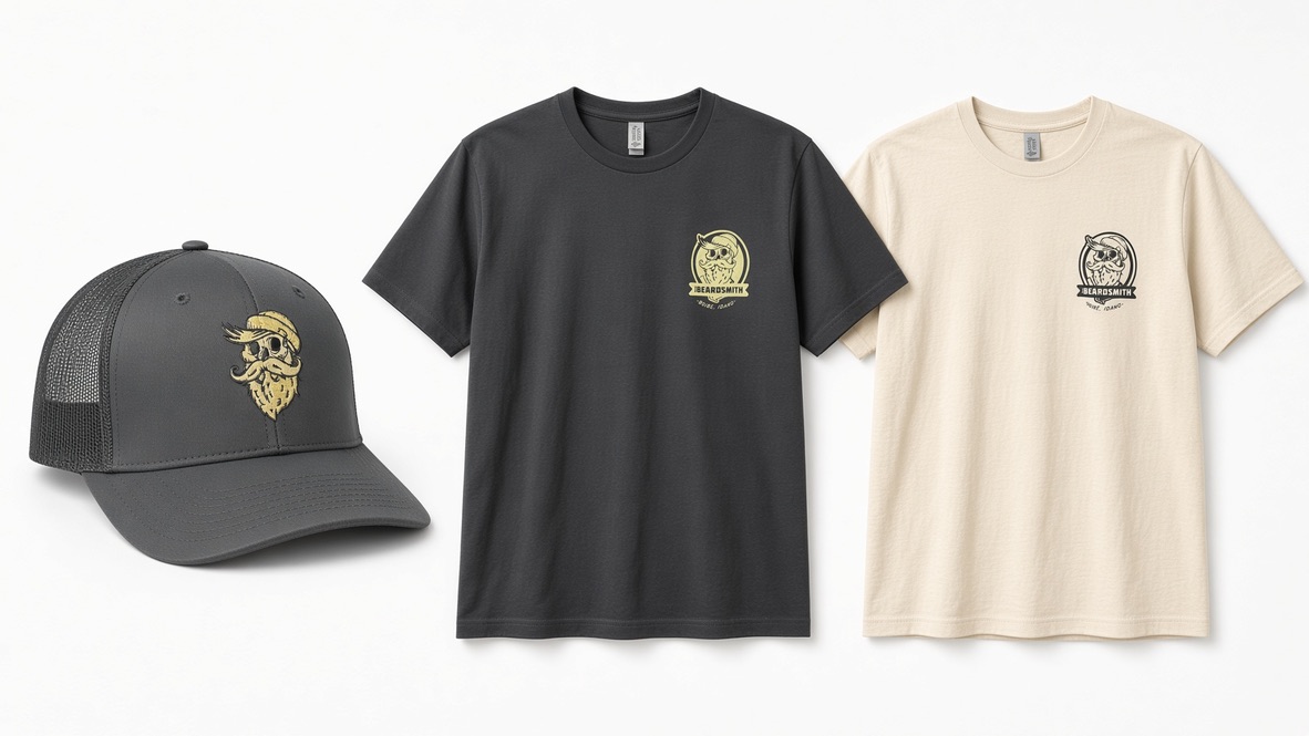 Beardsmith charcoal trucker hat, charcoal shirt with gold chest print, and light shirt with black chest print