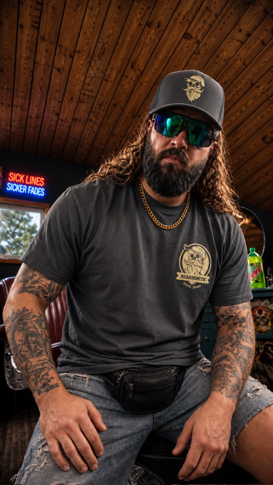 Beardsmith charcoal shirt and trucker hat worn in the shop